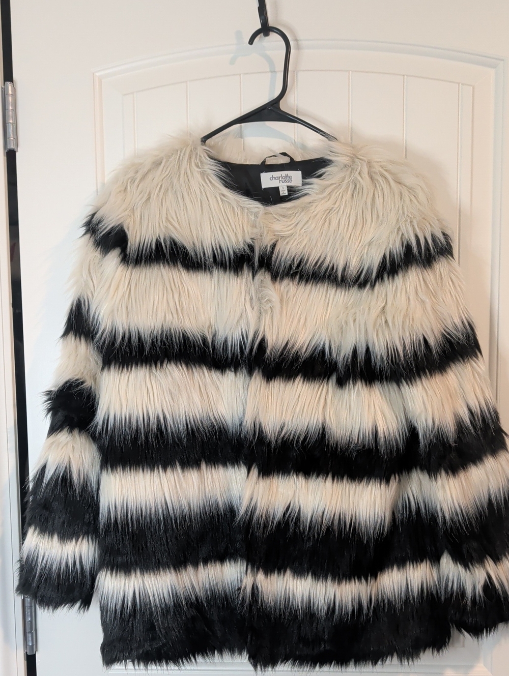 Chelsea28 Black and White Striped Faux Fur Teddy Coat